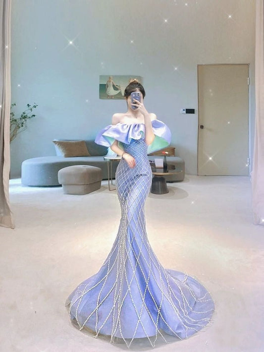 Elegant Mermaid Off The Shoulder Lilac Sequin Long Prom Dresses Party Dress Summer 20th Birthday Outfits 18th Birthday Dresses W1018