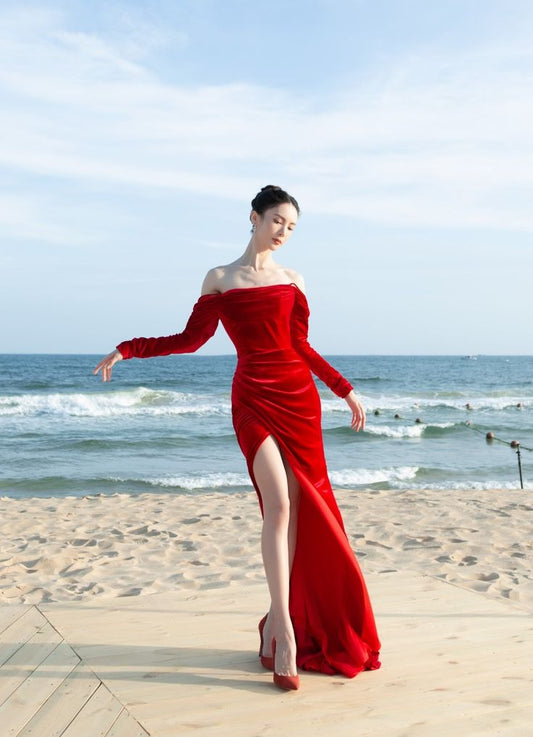 Elegant Mermaid Off The Shoulder Red Slit Long Prom Dresses Party Dress Summer 20th Birthday Outfits 18th Birthday Dresses W1019