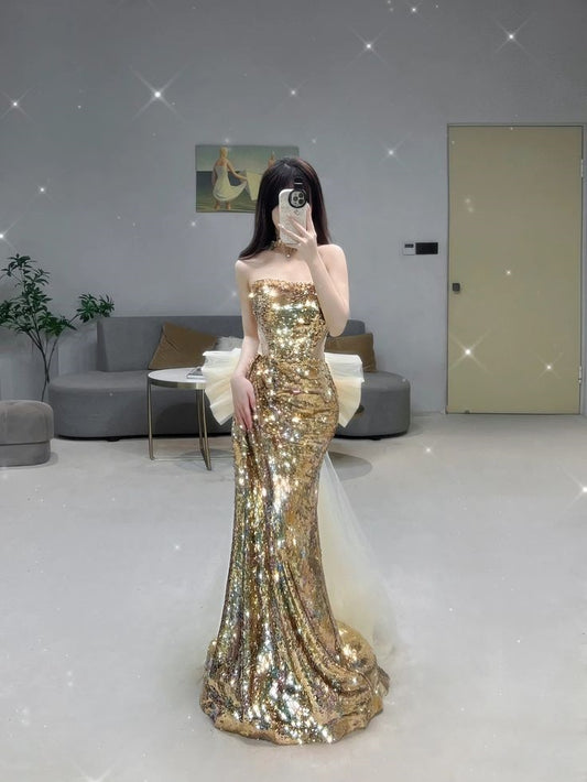 Elegant Mermaid Strapless Gold Sequin Long Prom Dresses Party Dress Summer 20th Birthday Outfits 18th Birthday Dresses W1021