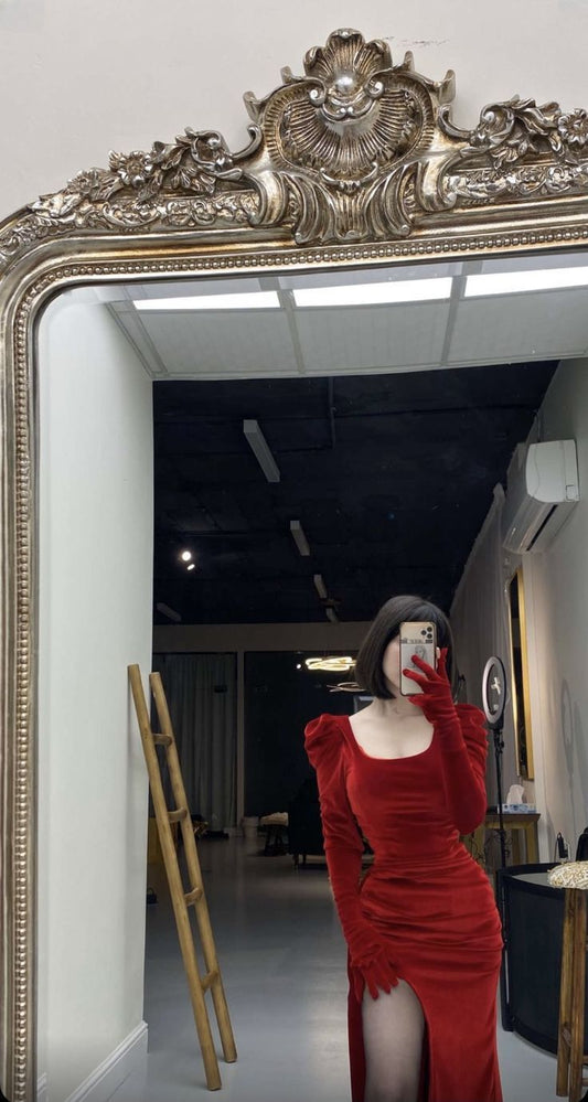 Elegant Mermaid Square Neck Red Velvet Long Prom Dresses Party Dress Summer 20th Birthday Outfits 18th Birthday Dresses W1022