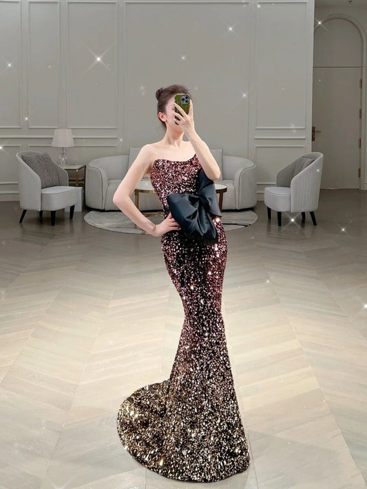 Elegant Mermaid Strapless Sequin Long Prom Dresses Party Dress Summer 20th Birthday Outfits 18th Birthday Dresses W1026