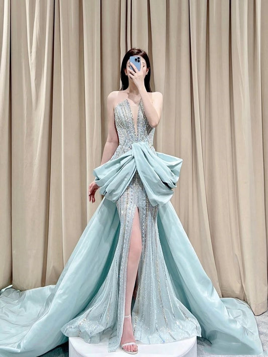 Elegant Mermaid Sequin Light Sky Blue Long Prom Dresses Party Dress Summer 20th Birthday Outfits 18th Birthday Dresses W1032