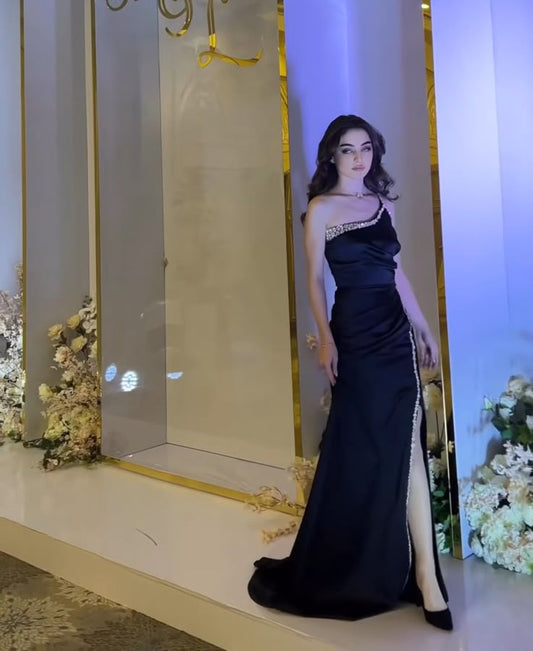 Classy Mermaid One Shoulder Black Tie Formal Prom Gown Summer Wedding Guest Dress Bridal Guest Dresses Wedding Outfits For Guest W1041
