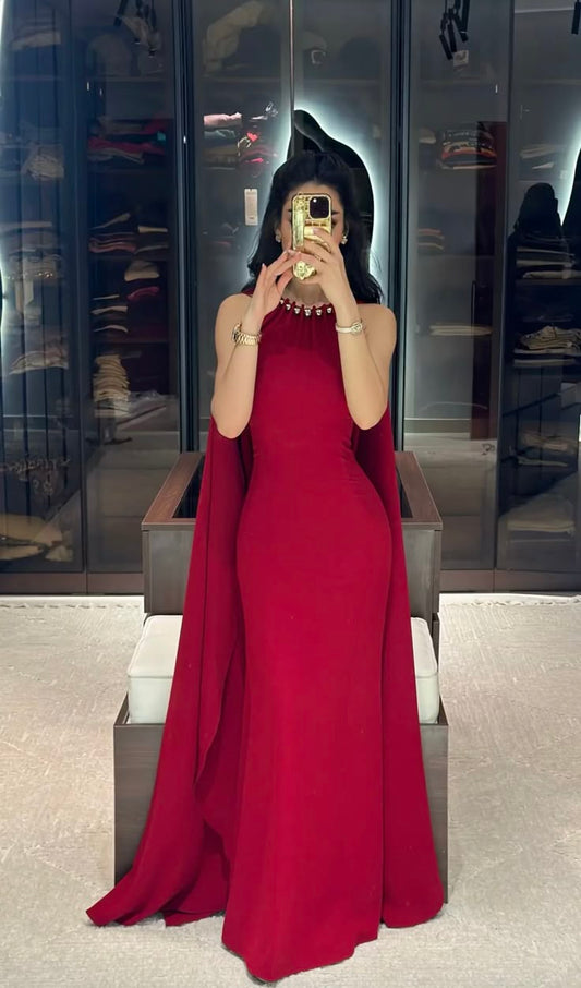 Classy Mermaid Scoop Red Long Formal Prom Gown Summer Wedding Guest Dress Bridal Guest Dresses Wedding Outfits For Guest W1043