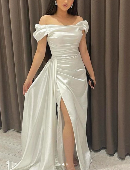 Classy Sheath Off The Shoulder White Slit Formal Long Prom Gown Summer Wedding Guest Dress Bridal Guest Dresses Wedding Outfits For Guest W1056
