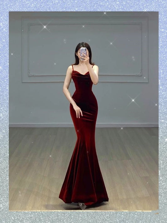 Fancy Mermaid Spaghetti Straps Velvet Burgundy Formal Prom Gown Summer Wedding Guest Dress Bridal Guest Dresses Wedding Outfits For Guest W1060
