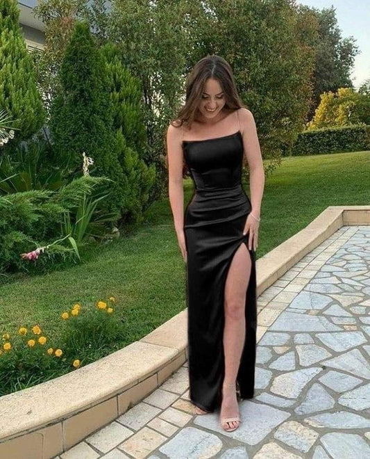 Fancy Mermaid Spaghetti Straps Black Slit Formal Prom Gown Summer Wedding Guest Dress Bridal Guest Dresses Wedding Outfits For Guest W1065