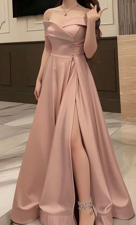 Classy A line Off The Shoulder Blush Pink Slit Formal Long Prom Gown Summer Wedding Guest Dress Bridal Guest Dresses Wedding Outfits For Guest W1066
