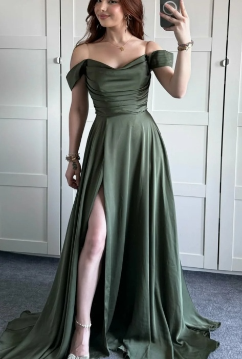 Classy A line Off The Shoulder Olive Green Slit Formal Long Prom Gown Summer Wedding Guest Dress Bridal Guest Dresses Wedding Outfits For Guest W1073