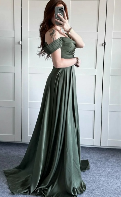 Classy A line Off The Shoulder Olive Green Slit Formal Long Prom Gown Summer Wedding Guest Dress Bridal Guest Dresses Wedding Outfits For Guest W1073