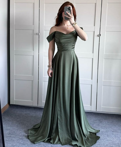 Classy A line Off The Shoulder Olive Green Slit Formal Long Prom Gown Summer Wedding Guest Dress Bridal Guest Dresses Wedding Outfits For Guest W1073