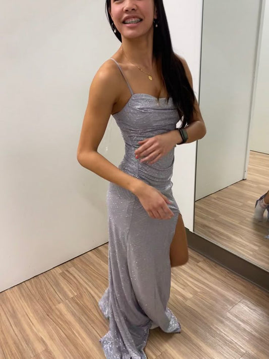 Classy Sheath Spaghetti Straps Lilac Sequin Slit Formal Long Prom Gown Summer Wedding Guest Dress Bridal Guest Dresses Wedding Outfits For Guest W1075