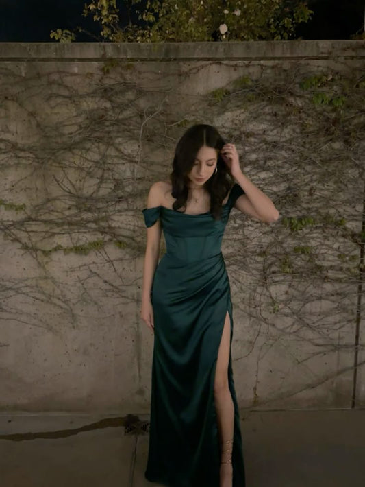 Classy Mermaid Off The Shoulder Green Slit Formal Long Prom Gown Summer Wedding Guest Dress Bridal Guest Dresses Wedding Outfits For Guest W1083