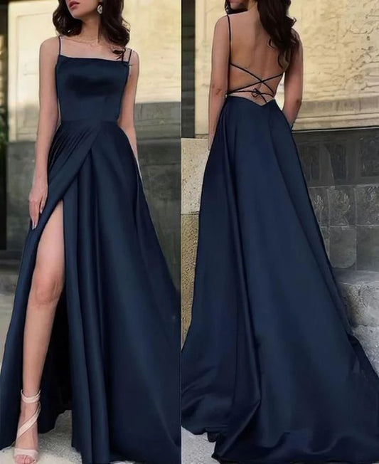 Classy A Line Spaghetti Straps Navy Blue Slit Formal Prom Gown Summer Wedding Guest Dress Bridal Guest Dresses Wedding Outfits For Guest W1086