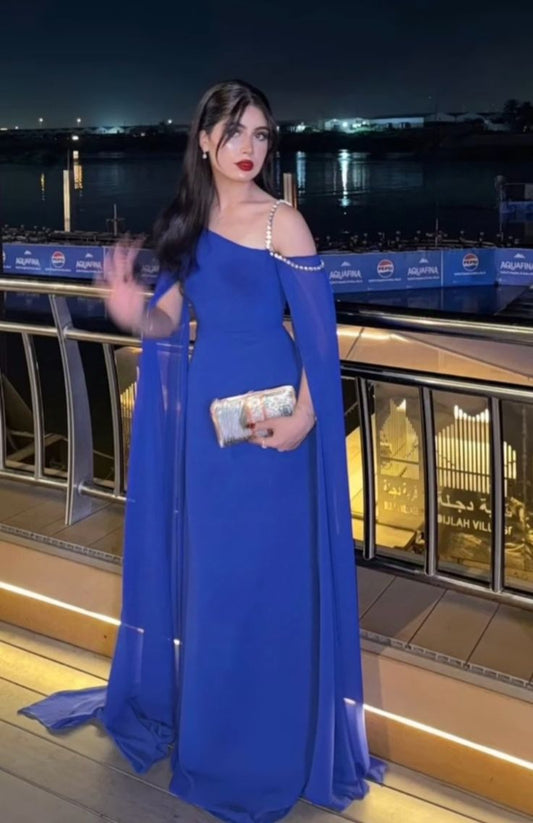 Classy A Line One Shoulder Royal Blue Sleeveless Chiffon Formal Long Prom Gown Summer Wedding Guest Dress Bridal Guest Dresses Wedding Outfits For Guest W1092