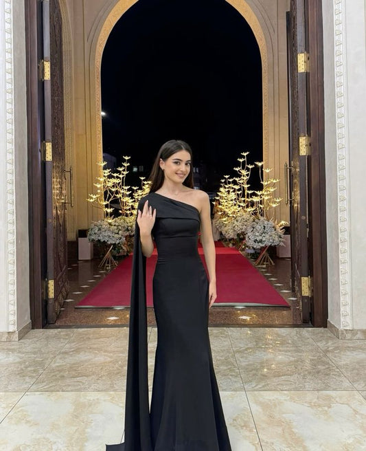 Classy Mermaid One Shoulder Black Satin Formal Prom Gown Summer Wedding Guest Dress Bridal Guest Dresses Wedding Outfits For Guest W1094