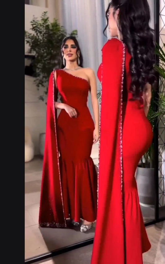 Classy Mermaid One Shoulder Red Satin Formal Prom Gown Summer Wedding Guest Dress Bridal Guest Dresses Wedding Outfits For Guest W1095