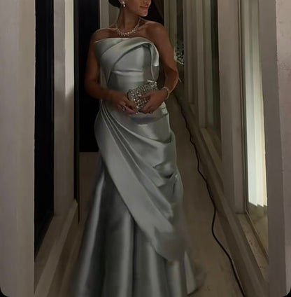 Classy Mermaid Strapless Silver Satin Formal Long Prom Gown Summer Wedding Guest Dress Bridal Guest Dresses Wedding Outfits For Guest W1096