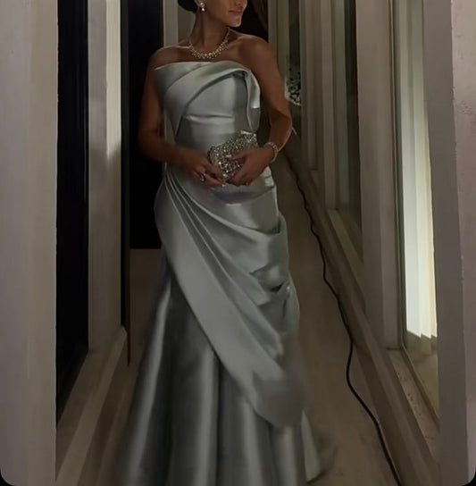 Classy Mermaid Strapless Silver Satin Formal Long Prom Gown Summer Wedding Guest Dress Bridal Guest Dresses Wedding Outfits For Guest W1096