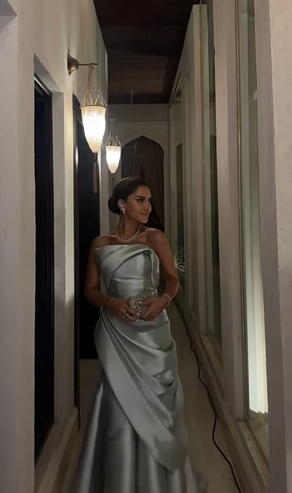 Classy Mermaid Strapless Silver Satin Formal Long Prom Gown Summer Wedding Guest Dress Bridal Guest Dresses Wedding Outfits For Guest W1096