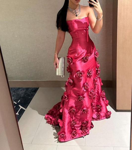 Classy Mermaid Strapless Pink Flowers Satin Formal Long Prom Gown Summer Wedding Guest Dress Bridal Guest Dresses Wedding Outfits For Guest W1097