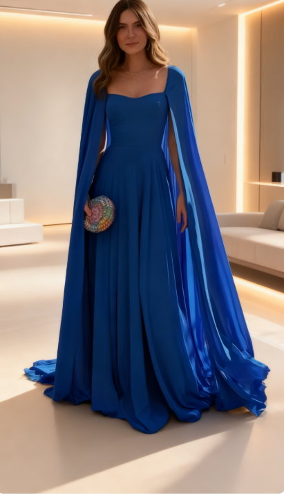 Classy A Line Sweetheart Royal Blue Long Sleeves Chiffon Formal Long Prom Gown Summer Wedding Guest Dress Bridal Guest Dresses Wedding Outfits For Guest W1098