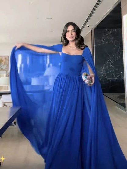 Robe de bal élégante en mousseline de soie, coupe trapèze, décolleté en cœur, bleu roi, manches longues, tenue de soirée, pour invitée de mariage, W1098