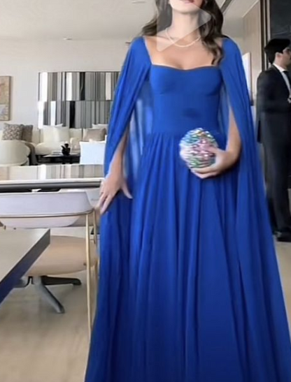 Classy A Line Sweetheart Royal Blue Long Sleeves Chiffon Formal Long Prom Gown Summer Wedding Guest Dress Bridal Guest Dresses Wedding Outfits For Guest W1098