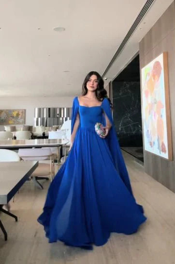Classy A Line Sweetheart Royal Blue Long Sleeves Chiffon Formal Long Prom Gown Summer Wedding Guest Dress Bridal Guest Dresses Wedding Outfits For Guest W1098