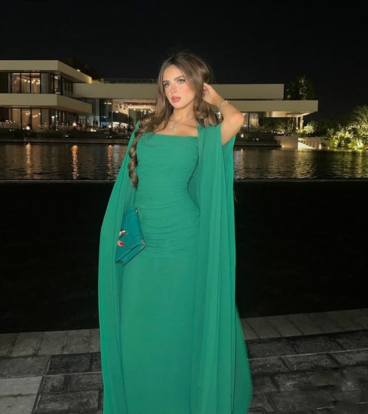 Classy A Line Strapless Green Long Sleeves Chiffon Formal Long Prom Gown Summer Wedding Guest Dress Bridal Guest Dresses Wedding Outfits For Guest W1100