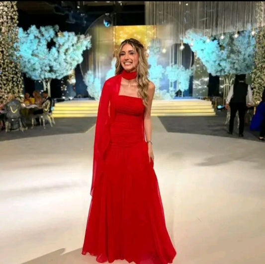 Classy Mermaid Strapless Red Long Chiffon Formal Prom Gown Summer Wedding Guest Dress Bridal Guest Dresses Wedding Outfits For Guest W1101