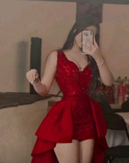 Cute Sheath V Neck Short Red Sequin Formal 8th Grade Homecoming Dress Summer Middle School Hoco Dresses Birthday Outfits W1102