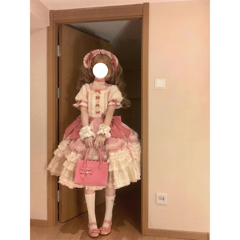 Sweet Ball Gown Square Neck Short Sleeves Gothic Pink Lace 16th Birthday Dress Lolita Dress Birthday Outfits W1118
