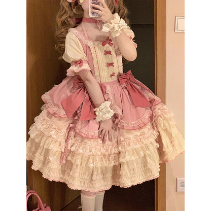 Sweet Ball Gown Square Neck Short Sleeves Gothic Pink Lace 16th Birthday Dress Lolita Dress Birthday Outfits W1118