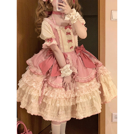 Sweet Ball Gown Square Neck Short Sleeves Gothic Pink Lace 16th Birthday Dress Lolita Dress Birthday Outfits W1118