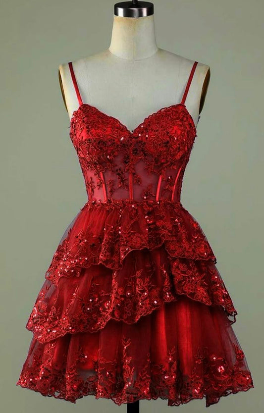 Pretty A line Spaghetti Straps Tulle Lace Burgundy Formal 8th Grade Homecoming Dress Summer Middle School Hoco Dresses W1142