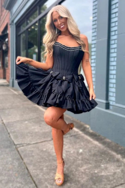 Cute Strapless A-Line Beaded Mini Homecoming Dresses 18th Birthday Dresses Hoco Dress 21st Birthday Outfit Cocktail Dresses W1145
