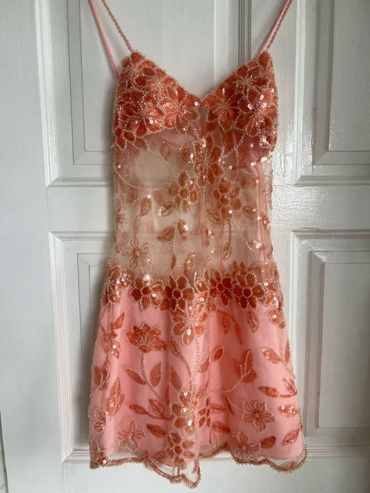 Cute A line Spaghetti Straps Short Pink Sequin Formal 8th Grade Homecoming Dress Summer Middle School Hoco Dresses Birthday Outfits W1149