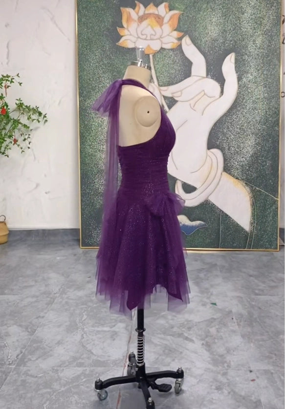 Cute A line V Neck Tulle Short Grape Formal 8th Grade Homecoming Dress Summer Middle School Hoco Dresses Birthday Outfits W1152