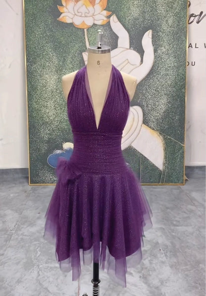 Cute A line V Neck Tulle Short Grape Formal 8th Grade Homecoming Dress Summer Middle School Hoco Dresses Birthday Outfits W1152