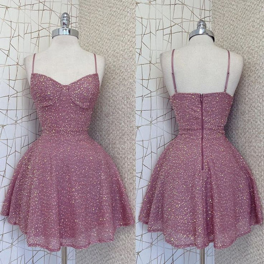 Vintage A line Spaghetti Straps Pink Sequin Formal 8th Grade Homecoming Dress Summer Middle School Hoco Dresses Birthday Outfits W1156
