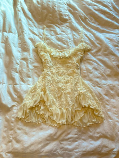 Vintage A line Spaghetti Straps Yellow Lace Short Mini Formal 8th Grade Homecoming Dress Summer Middle School Hoco Dresses Birthday Outfits W1164