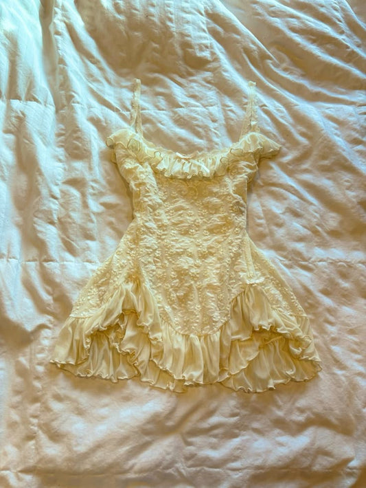 Vintage A line Spaghetti Straps Yellow Lace Short Mini Formal 8th Grade Homecoming Dress Summer Middle School Hoco Dresses Birthday Outfits W1164