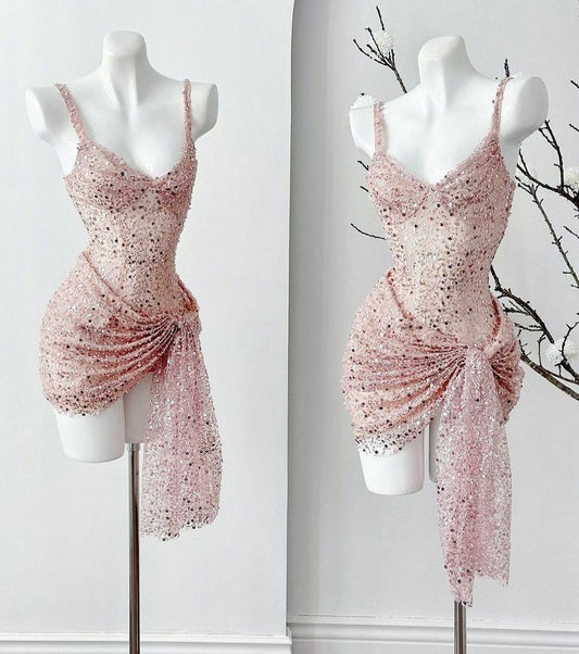 Pretty Sheath Spaghetti Straps Pink Sequin Short Mini Formal 8th Grade Homecoming Dress Summer Middle School Hoco Dresses Birthday Outfits W1166