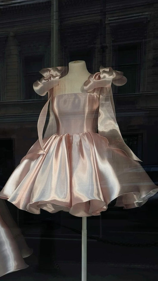 Pretty Ball Gown Spaghetti Straps Pink Satin Short Mini Formal 8th Grade Homecoming Dress Summer Middle School Hoco Dresses Birthday Outfits W1174