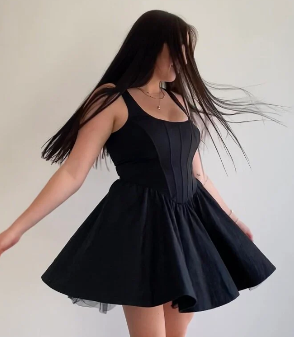 Pretty A line Square Neck Tulle Satin Dress Formal 8th Grade Short Mini Black Homecoming Dress Summer Middle School Hoco Dresses Birthday Outfits W1182