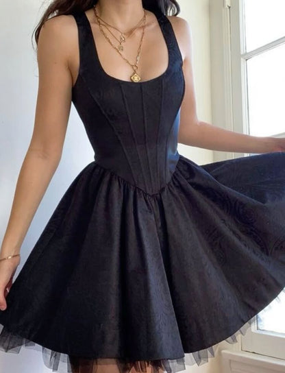 Pretty A line Square Neck Tulle Satin Dress Formal 8th Grade Short Mini Black Homecoming Dress Summer Middle School Hoco Dresses Birthday Outfits W1182