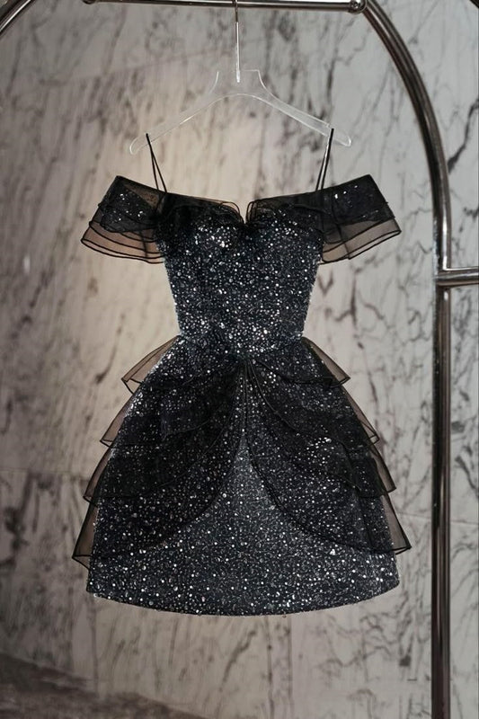 Vintage A line Spaghetti Straps Little Black Dress Short Mini Formal 8th Grade Homecoming Dresses Summer Middle School Hoco Dress Birthday Outfits W1187