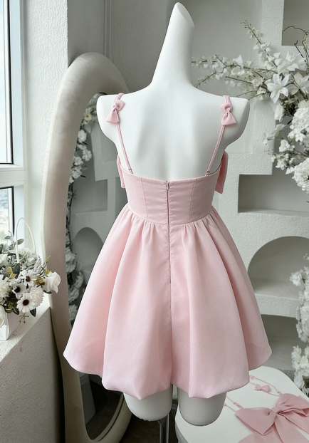 Vintage A line Spaghetti Straps Pink Satin Bow-knot Short Mini Formal 8th Grade Homecoming Dresses Summer Middle School Hoco Dress Birthday Outfits W1188