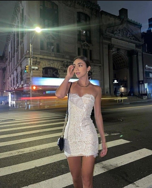 Robe fourreau vintage sans bretelles en dentelle blanche, courte et formelle, tenue de bal de fin d'année, pour le collège, tenue d'anniversaire, W1192